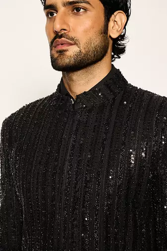 Black embroidered faux cotton bandhgala suit