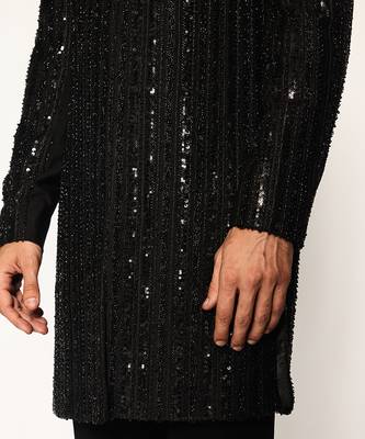 Black embroidered faux cotton bandhgala suit 4