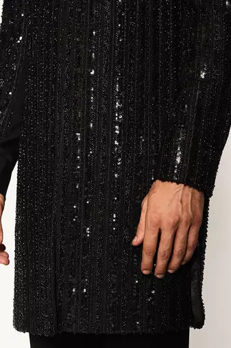 Black embroidered faux cotton bandhgala suit
