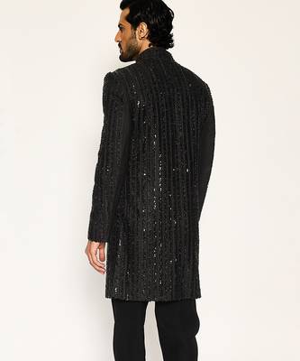 Black embroidered faux cotton bandhgala suit 5