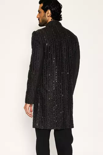 Black embroidered faux cotton bandhgala suit