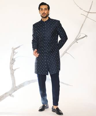 Blue embroidered cotton silk bandhgala suit 1