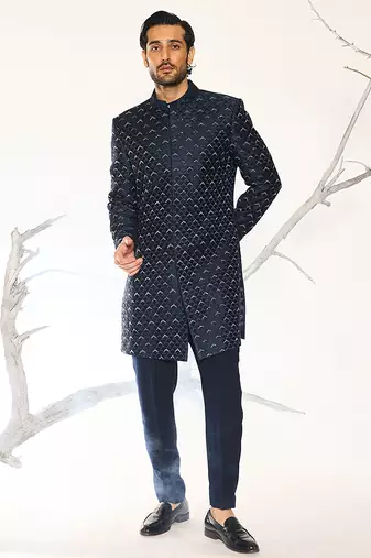 Blue embroidered cotton silk bandhgala suit