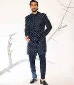 Blue embroidered cotton silk bandhgala suit