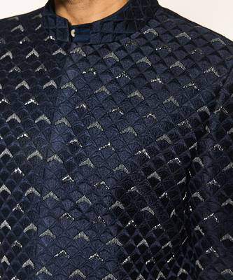 Blue embroidered cotton silk bandhgala suit 2