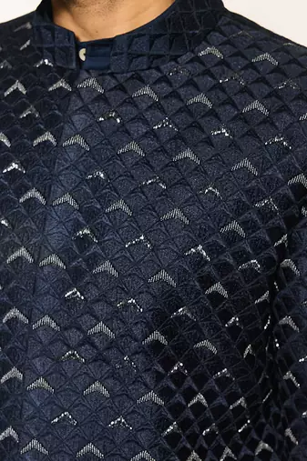 Blue embroidered cotton silk bandhgala suit