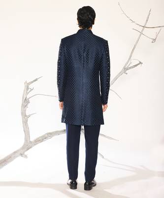Blue embroidered cotton silk bandhgala suit 3