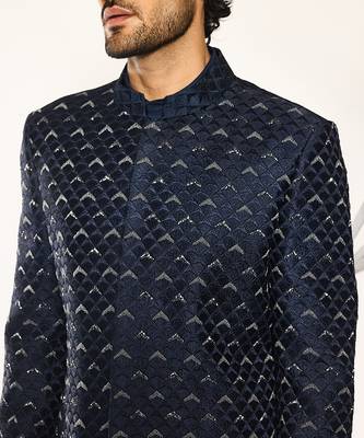 Blue embroidered cotton silk bandhgala suit 4