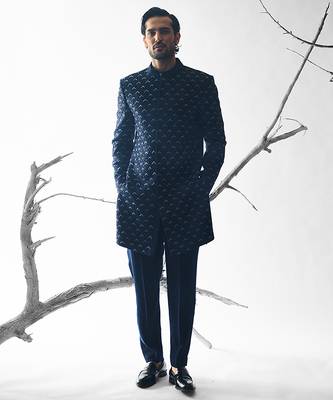 Blue embroidered cotton silk bandhgala suit 5