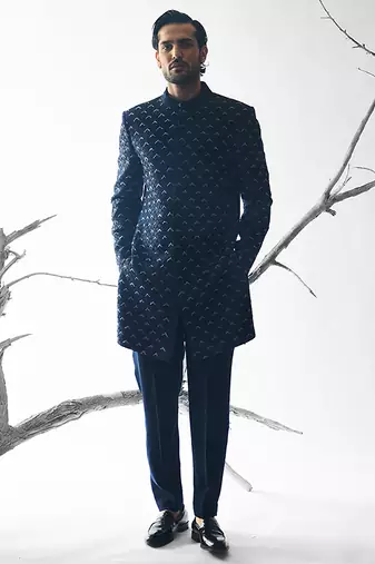 Blue embroidered cotton silk bandhgala suit