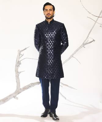 Blue embroidered crepe bandhgala suit 1