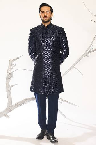 Blue embroidered crepe bandhgala suit