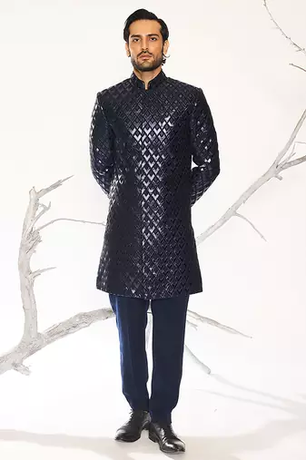 Blue embroidered crepe bandhgala suit