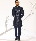 Blue embroidered crepe bandhgala suit