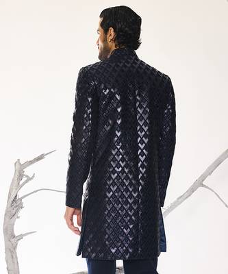Blue embroidered crepe bandhgala suit 2