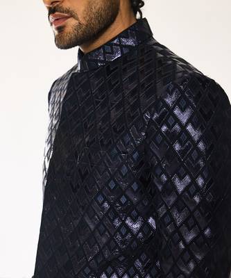Blue embroidered crepe bandhgala suit 3