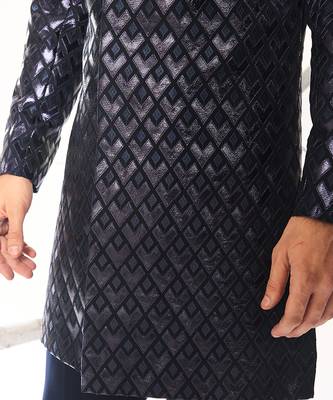 Blue embroidered crepe bandhgala suit 4