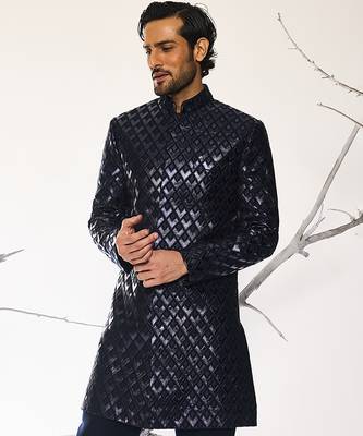 Blue embroidered crepe bandhgala suit 5