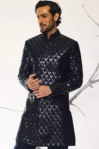 Blue embroidered crepe bandhgala suit