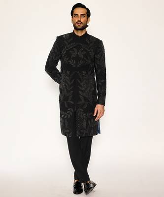 Black embroidered faux cotton bandhgala suit 1