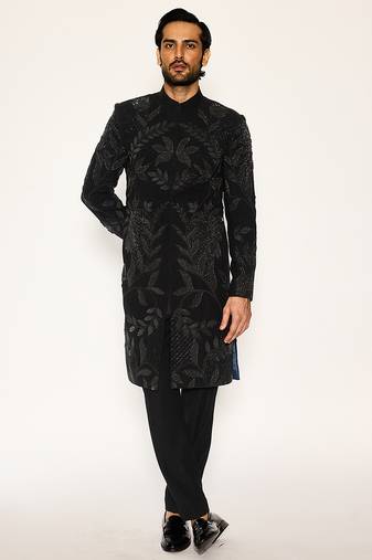 Black embroidered faux cotton bandhgala suit