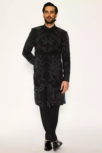 Black embroidered faux cotton bandhgala suit