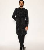 Black embroidered faux cotton bandhgala suit
