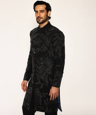 Black embroidered faux cotton bandhgala suit 2