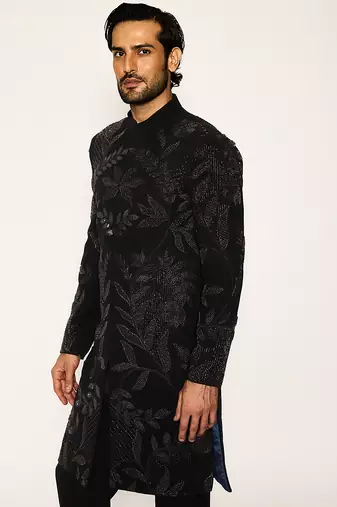 Black embroidered faux cotton bandhgala suit