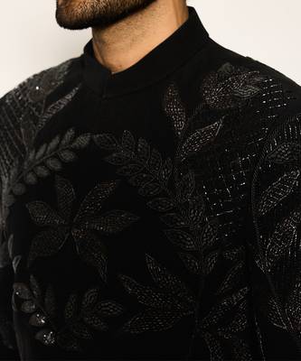 Black embroidered faux cotton bandhgala suit 3