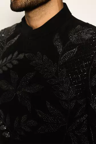 Black embroidered faux cotton bandhgala suit