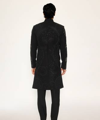 Black embroidered faux cotton bandhgala suit 4