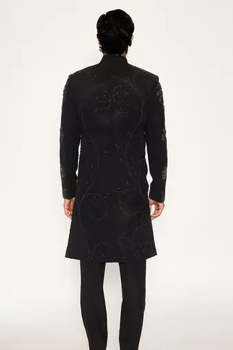 Black embroidered faux cotton bandhgala suit