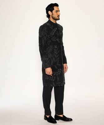 Black embroidered faux cotton bandhgala suit 5