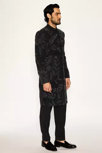 Black embroidered faux cotton bandhgala suit