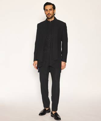 Black embroidered faux cotton drape jacket set 1