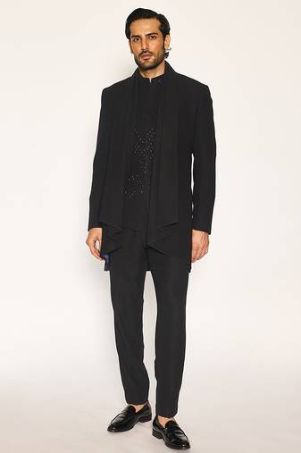 Black embroidered faux cotton drape jacket set