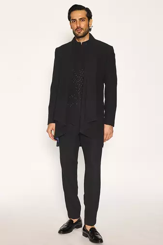 Black embroidered faux cotton drape jacket set