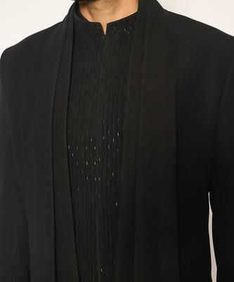 Black embroidered faux cotton drape jacket set 2