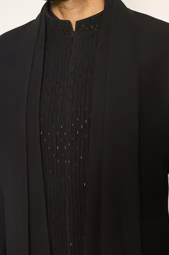 Black embroidered faux cotton drape jacket set