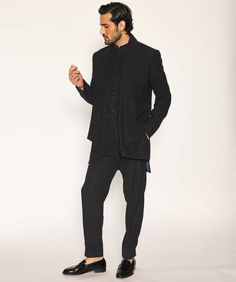 Black embroidered faux cotton drape jacket set 3