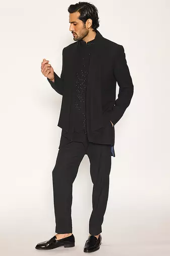 Black embroidered faux cotton drape jacket set