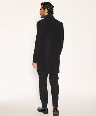 Black embroidered faux cotton drape jacket set 4