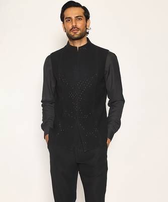 Black embroidered faux cotton drape jacket set 5
