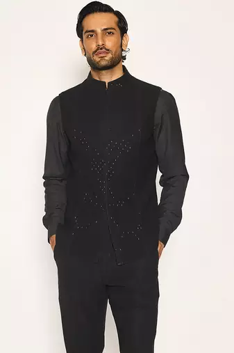 Black embroidered faux cotton drape jacket set