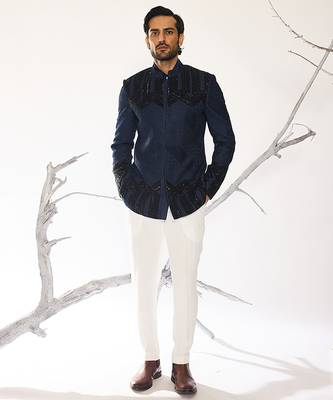 Blue embroidered cotton silk bandhgala suit 1