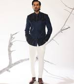 Blue embroidered cotton silk bandhgala suit