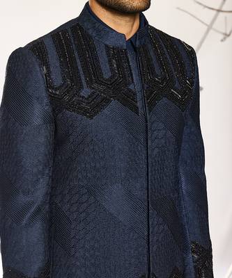 Blue embroidered cotton silk bandhgala suit 2