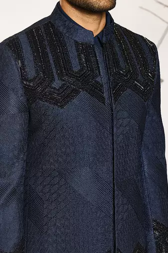 Blue embroidered cotton silk bandhgala suit