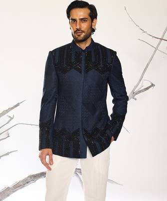 Blue embroidered cotton silk bandhgala suit 3